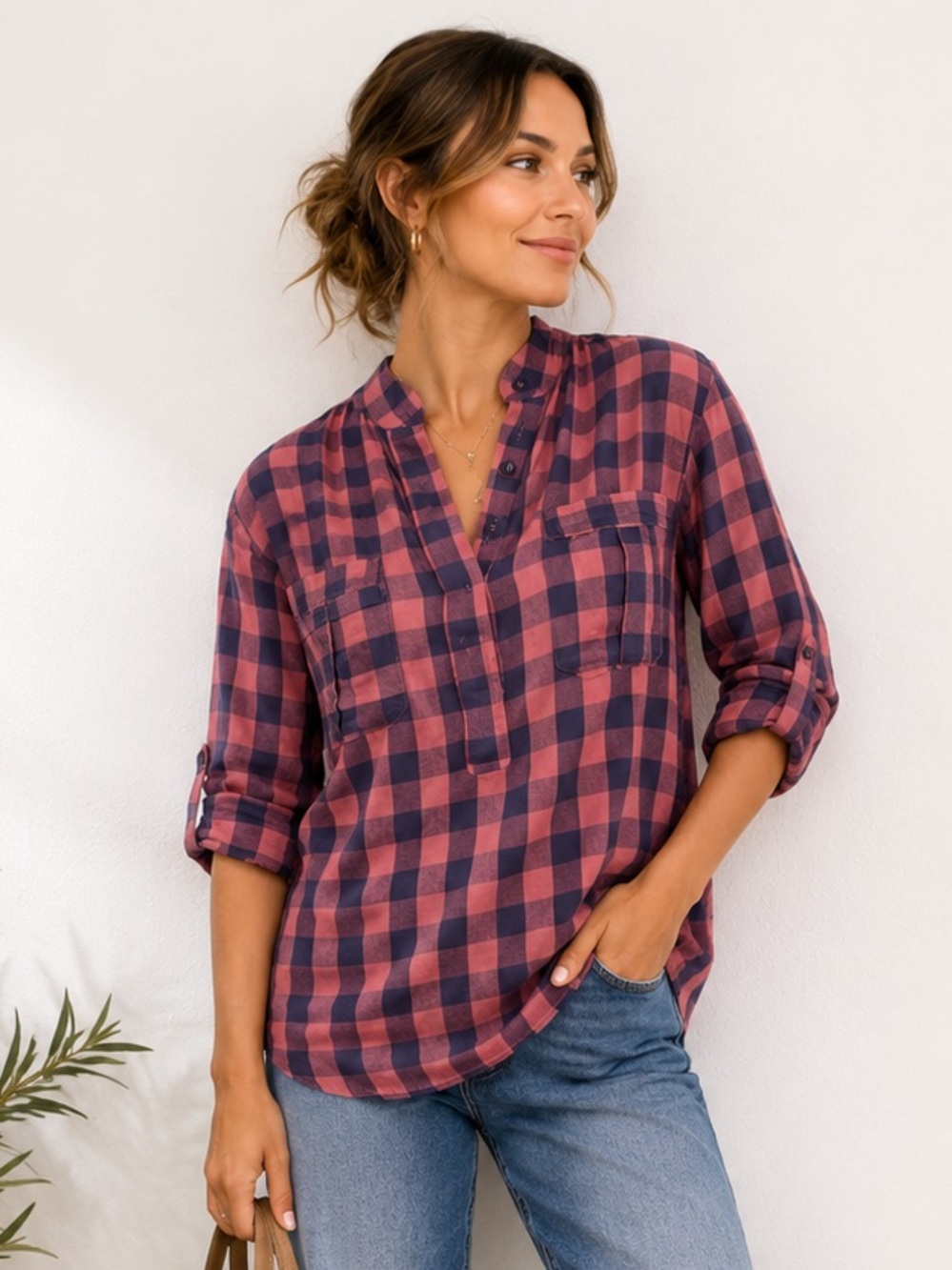 Sundry Pink and Navy Plaid Button-Detail Blouse